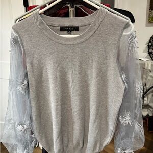 Ava Rose Gray Blouse with Embroidered Sheer Sleeves